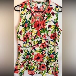 KIWI FRESH Bohemian Tropical Floral Sleeveless Ruffle Blouse Top Size M